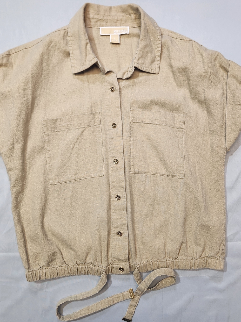 MICHAEL KORS Blouse size Small S Khaki Button Up Tie at Waist Gold Buttons